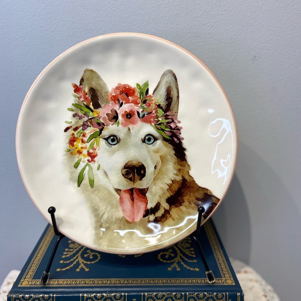 Pier 1 Dolomite Design Posh Puppy Dog Pink Trim 8.5 in. Plate Husky